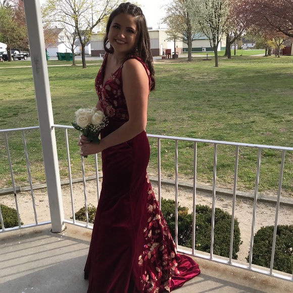 maroon velvet beaded floral prom dress